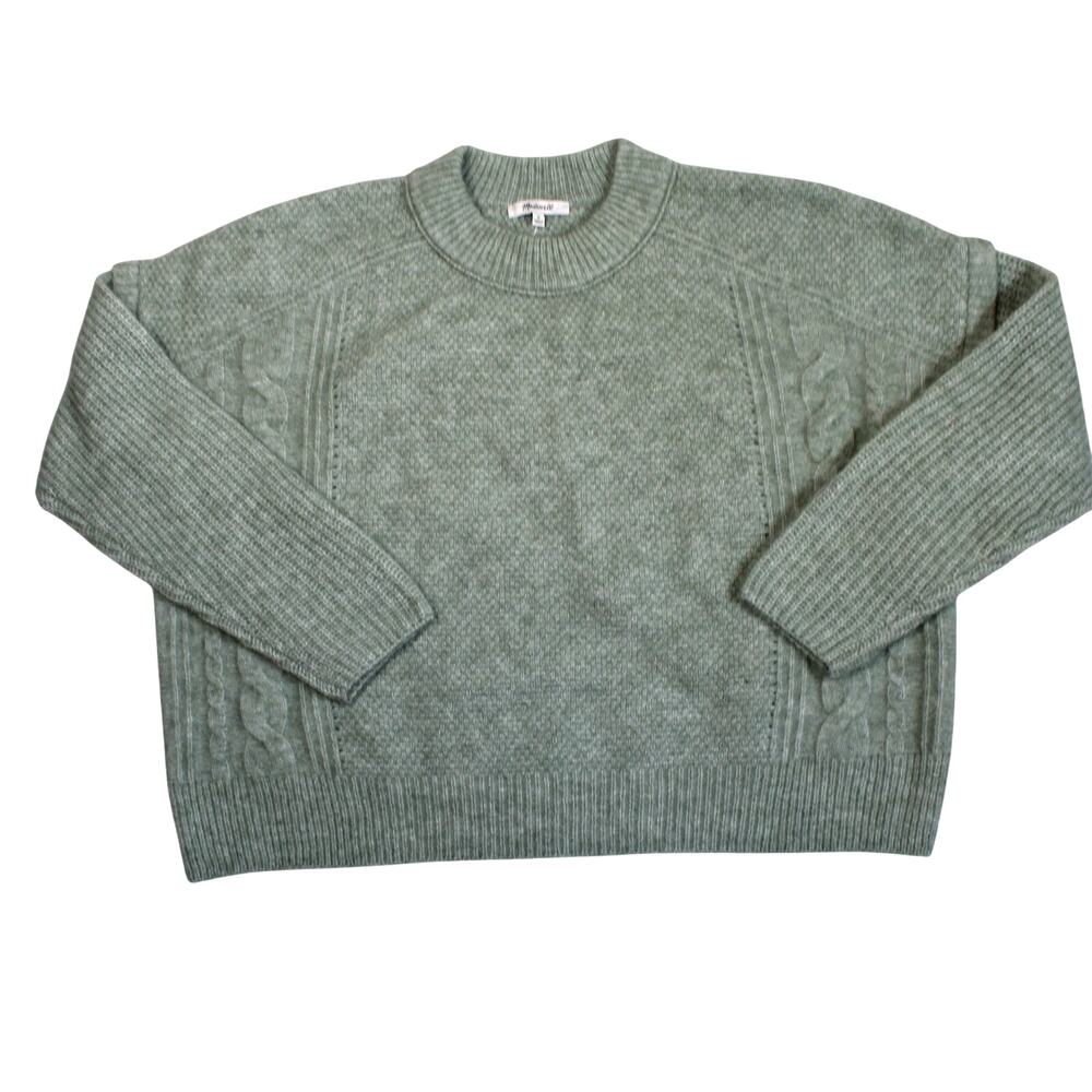 Madewell Cable Knit Sweater Alpaca Wool Womens Medium Green Boxy Preppy NEW